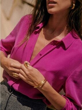 Sezane Ann 100% Silk Button Down Shirt Fuschia Pink Size 44/XXL/12